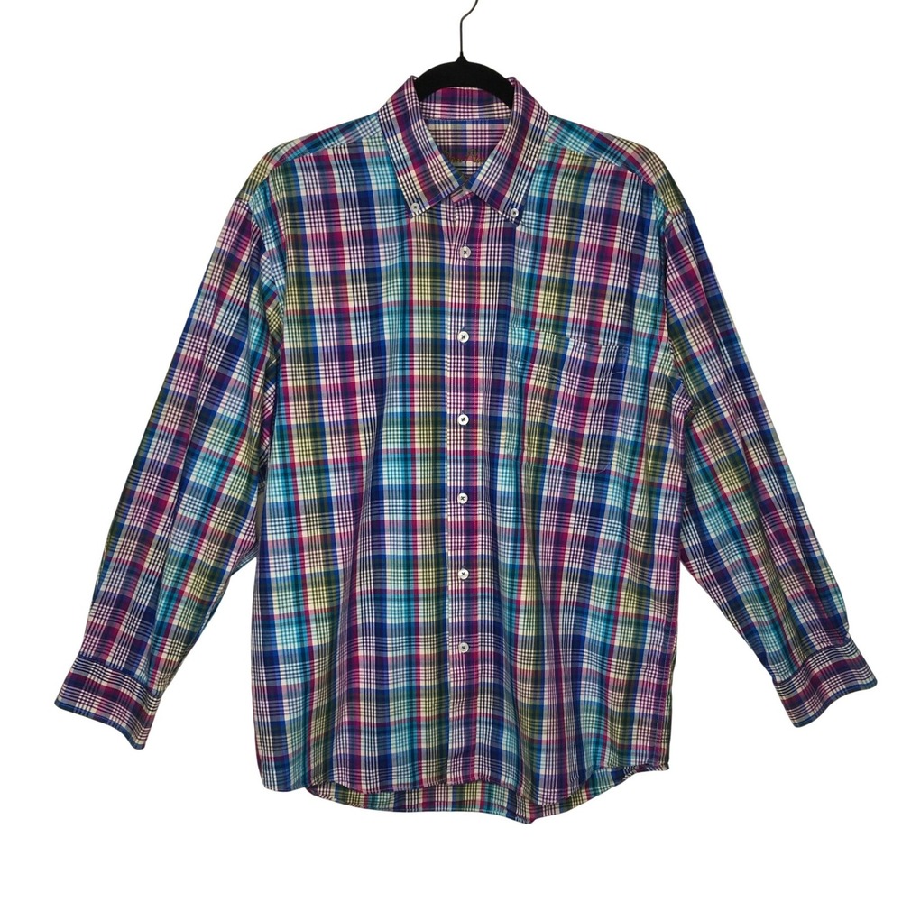 Alan Flusser Plaid Button Down‎ Shirt Mens Medium Multicolor Cotton Long Sleeve
